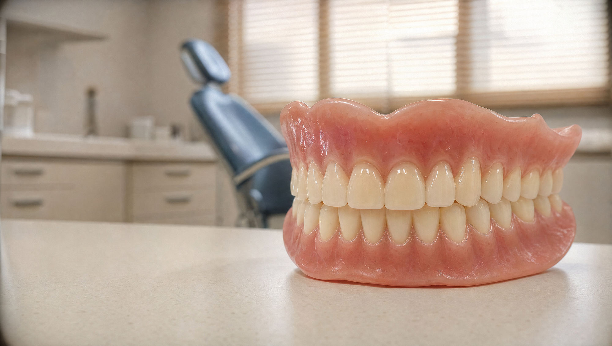 Illustration of complete dentures in a warm studio setting